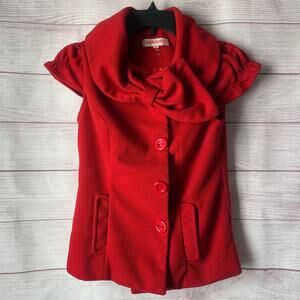 Naranka Red Button Up Blazer Jacket Blouse with Bow Pockets Cap Sleeves Size S